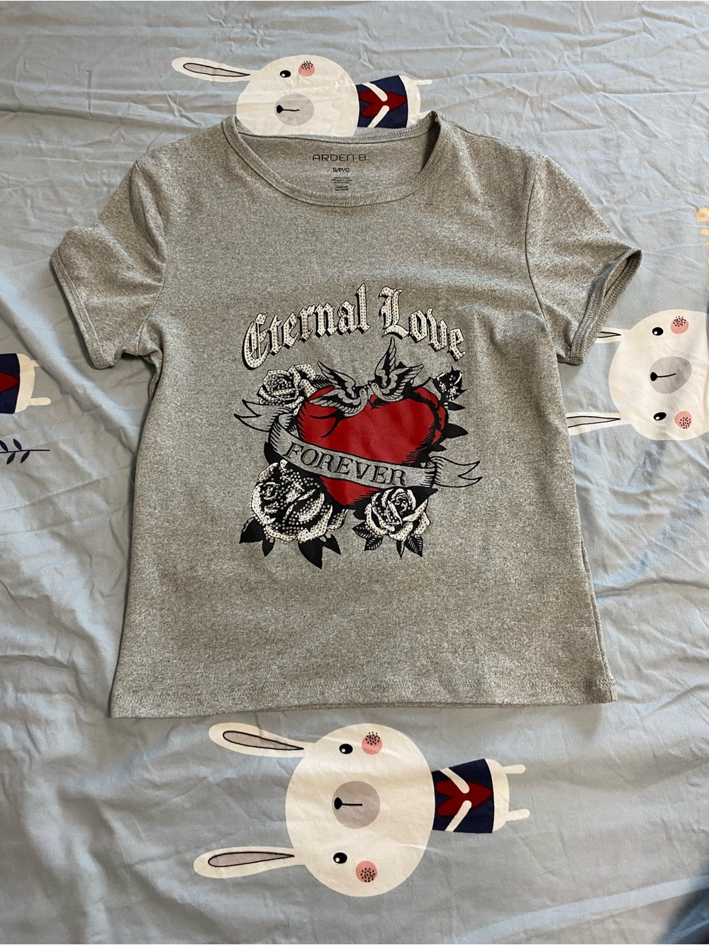 Arden B Gray Tee with Red Heart and Black Floral Graphic
